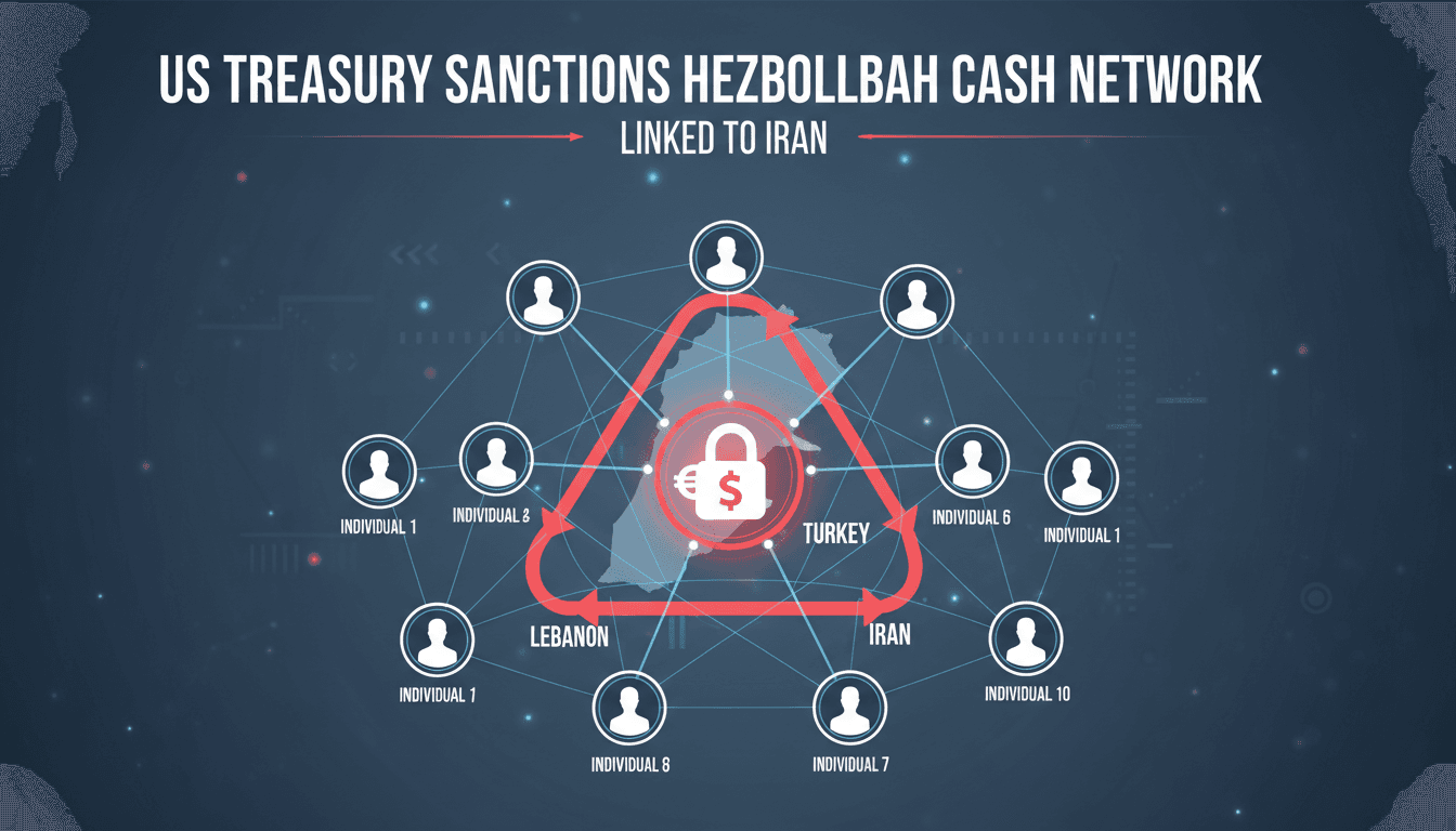 Infographic illustrating the US Treasury's sanctions on Hezbollah's cash-smuggling network between Lebanon, Turkey, and Iran.