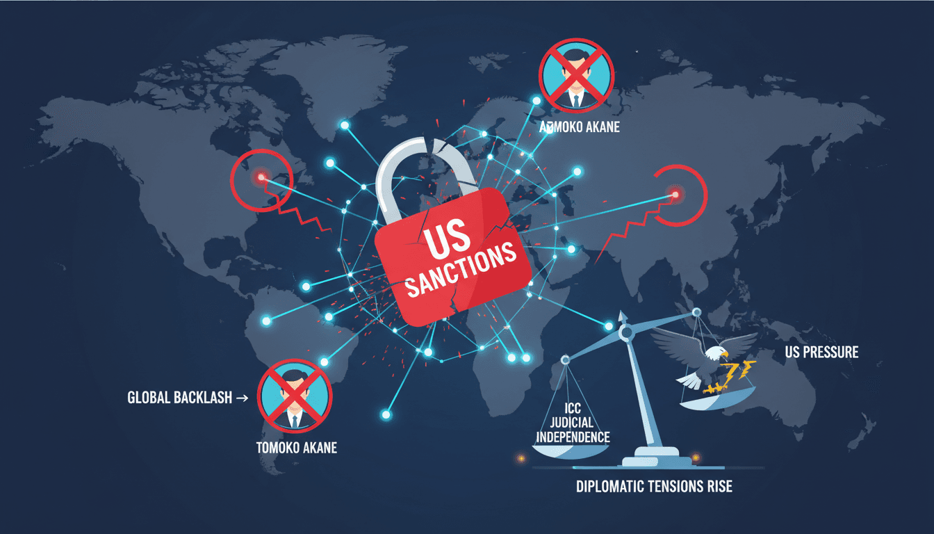 Infographic showing the impact of US sanctions on ICC leadership and international relations.