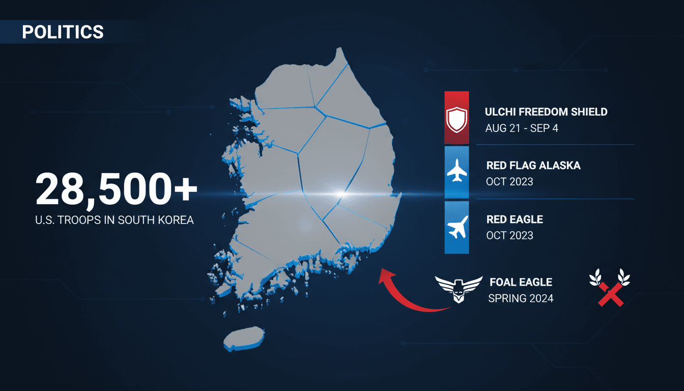 Infographic showing U.S. military presence in South Korea and North Korea's response to military drills.