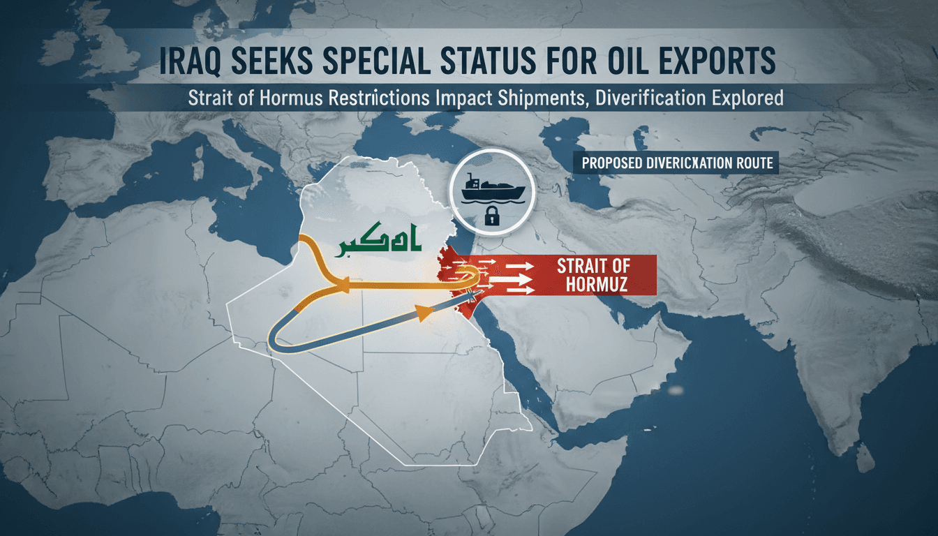 Map illustrating Iraq's oil export routes through the Strait of Hormuz and the significance of the request for special status.