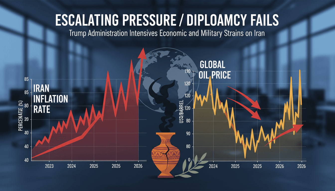 Infographic showing Iran's inflation rate and oil price fluctuations amid geopolitical tensions.