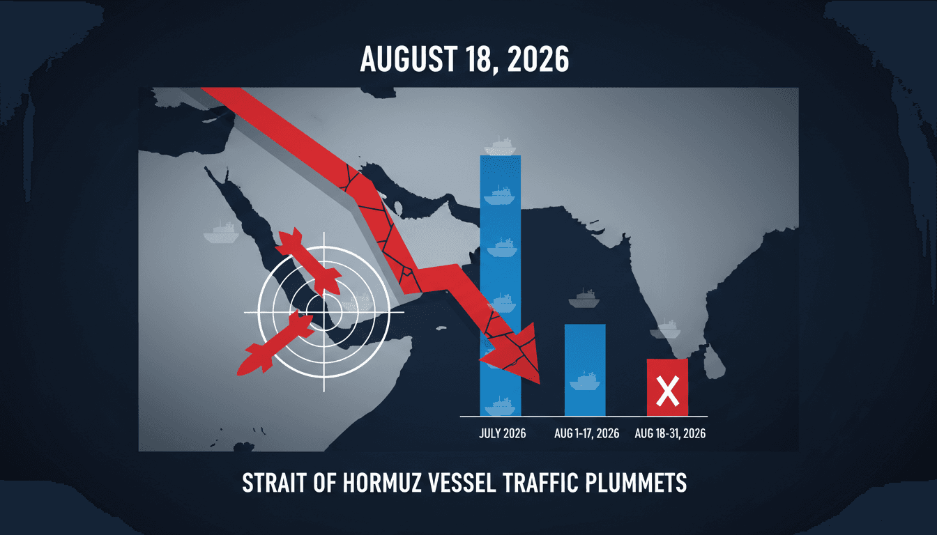 Infographic showing the decline in vessel traffic through the Strait of Hormuz following UAE's trade suspension with Iran.