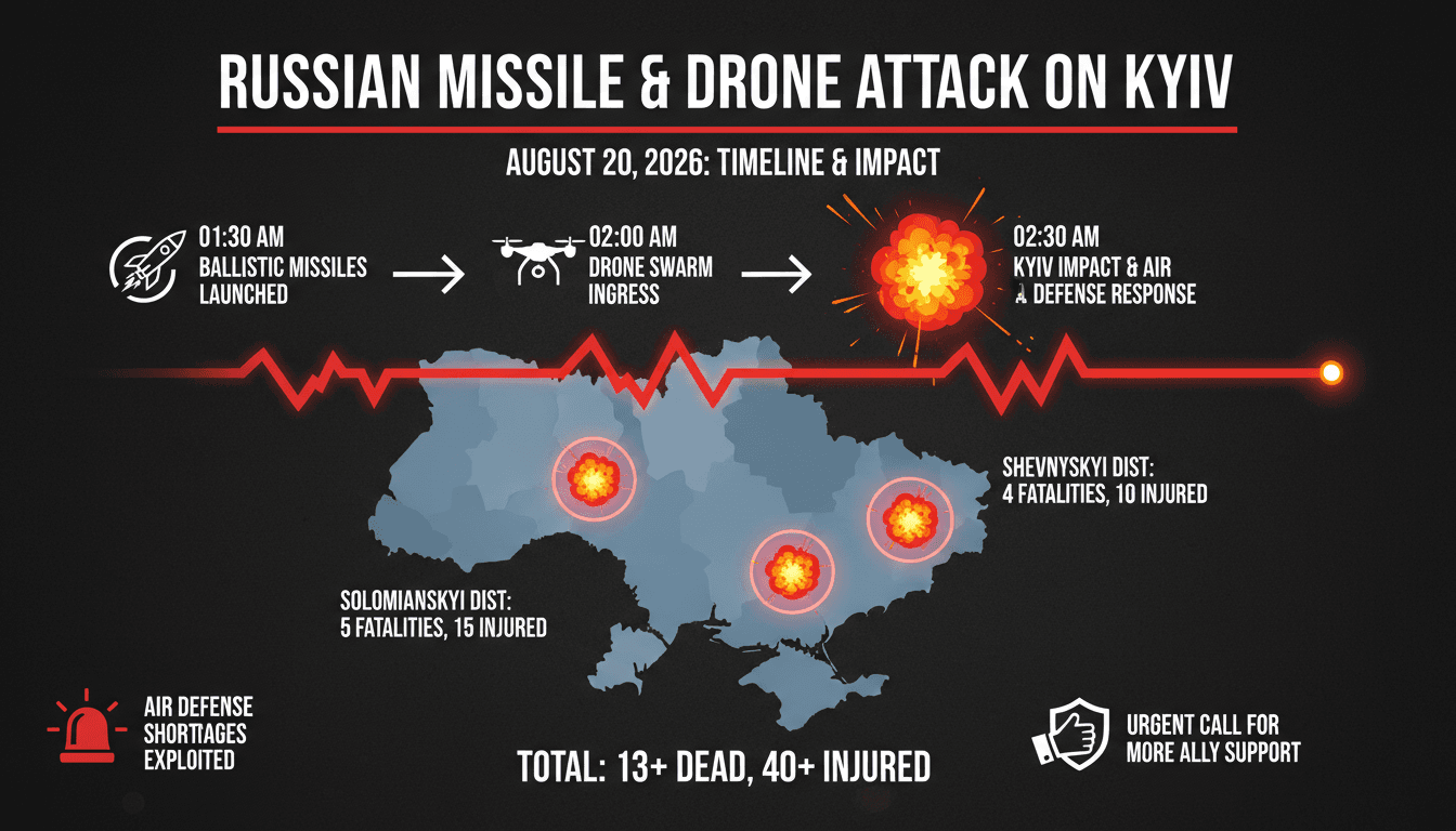 A graphic illustrating the impact of the Russian missile and drone barrage on Kyiv, focusing on civilian areas and casualties.