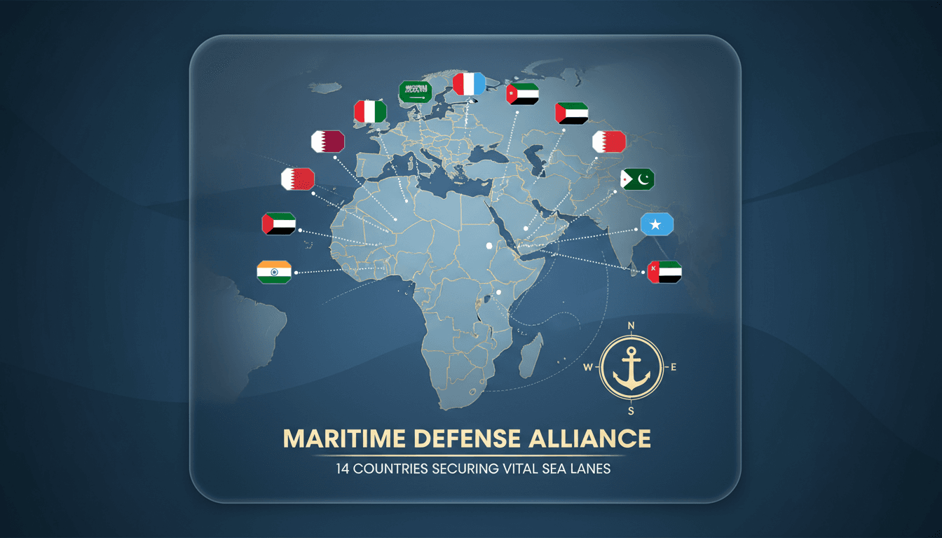 Map highlighting the 14 countries in the Saudi-led maritime defense alliance and their strategic maritime routes.