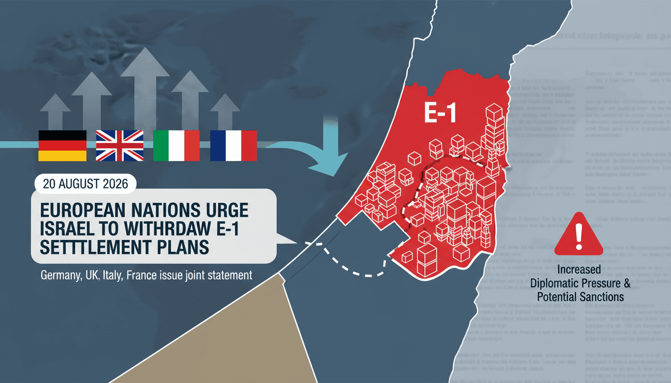 Map of E-1 area in West Bank showing proposed settlement plans and European nations' diplomatic responses.