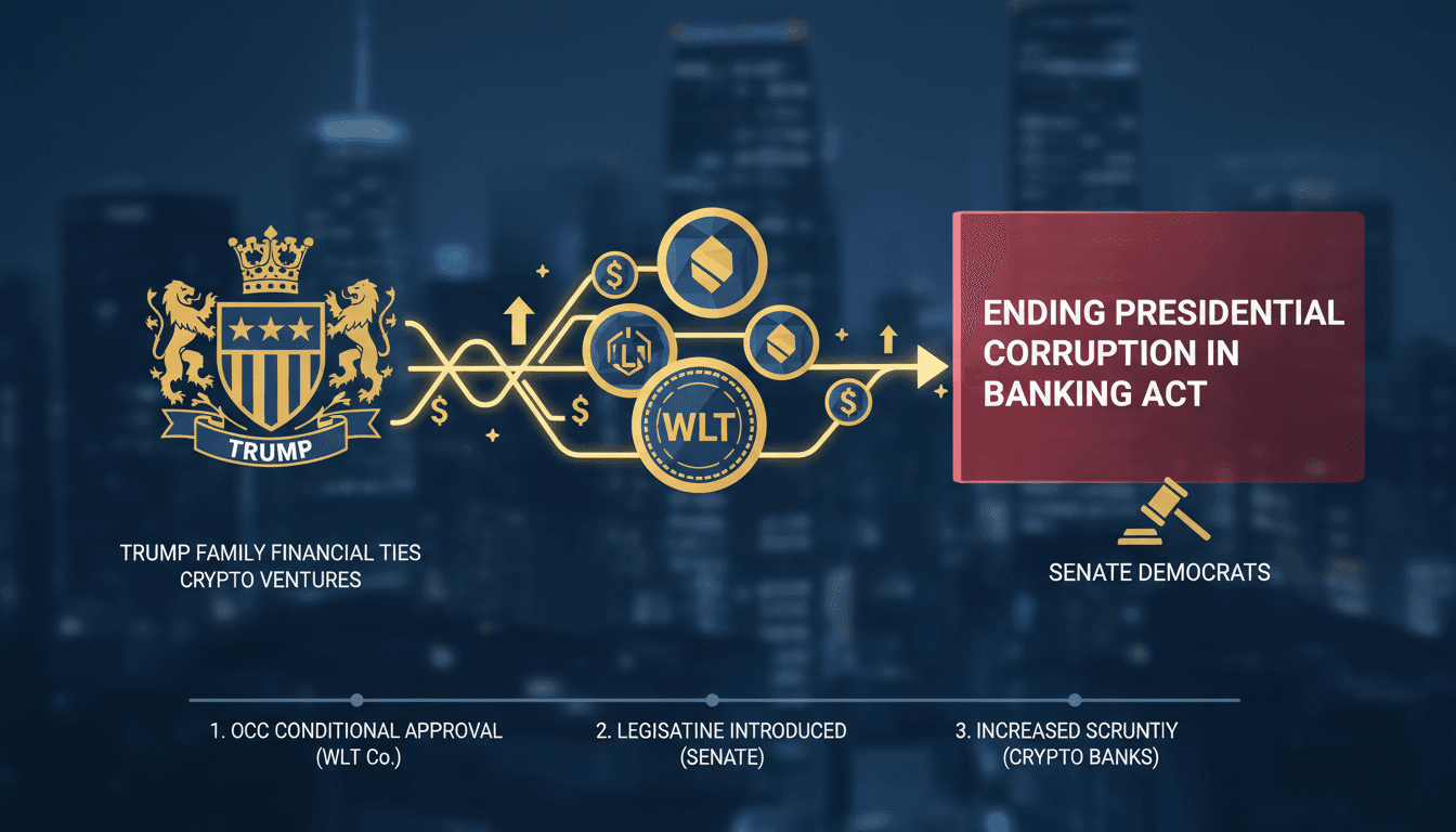 Infographic showing financial ties between Trump family and cryptocurrency ventures, highlighting new legislation.