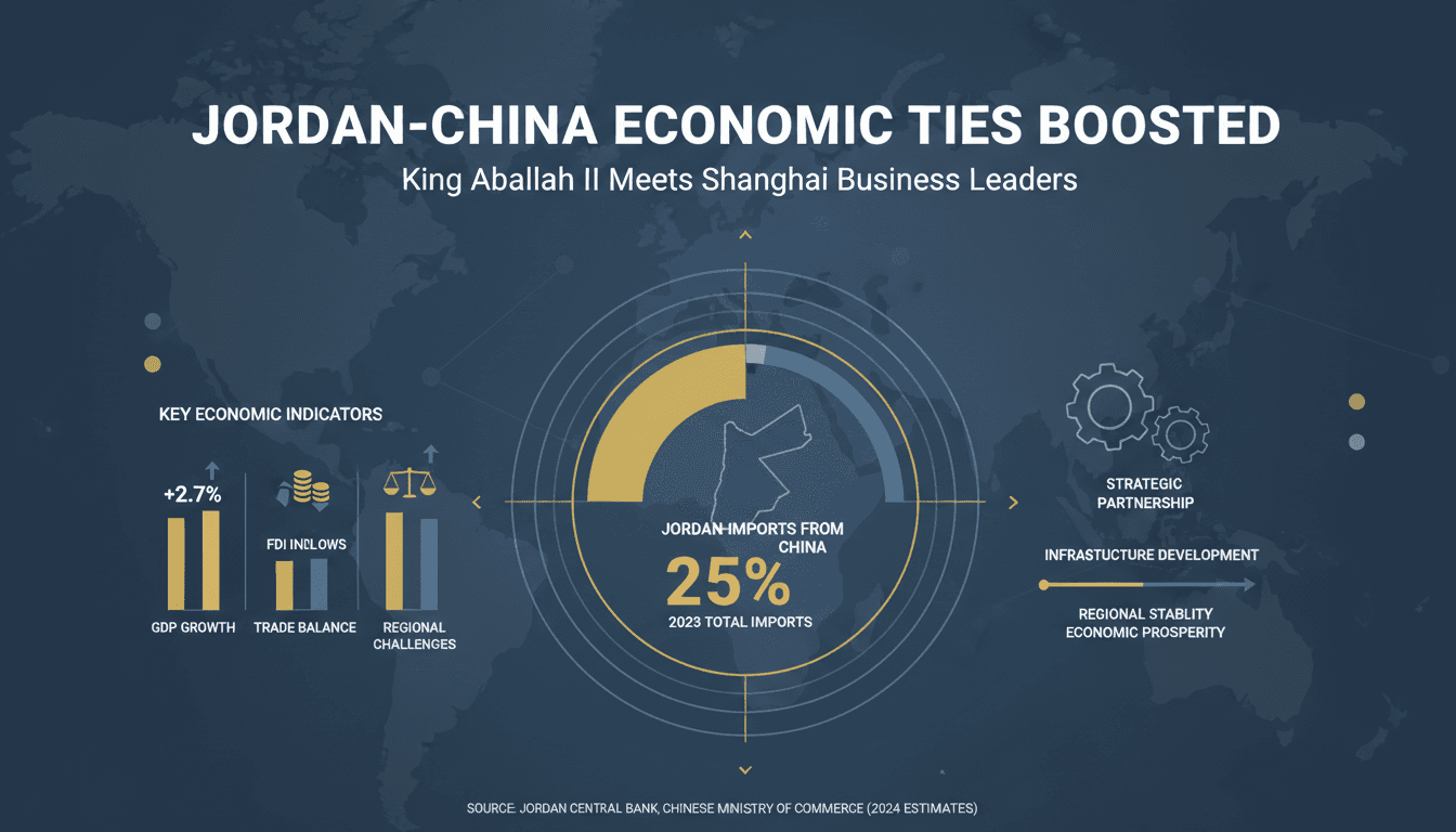 King Abdullah II meeting with Chinese business leaders in Shanghai, focusing on economic cooperation and trade.