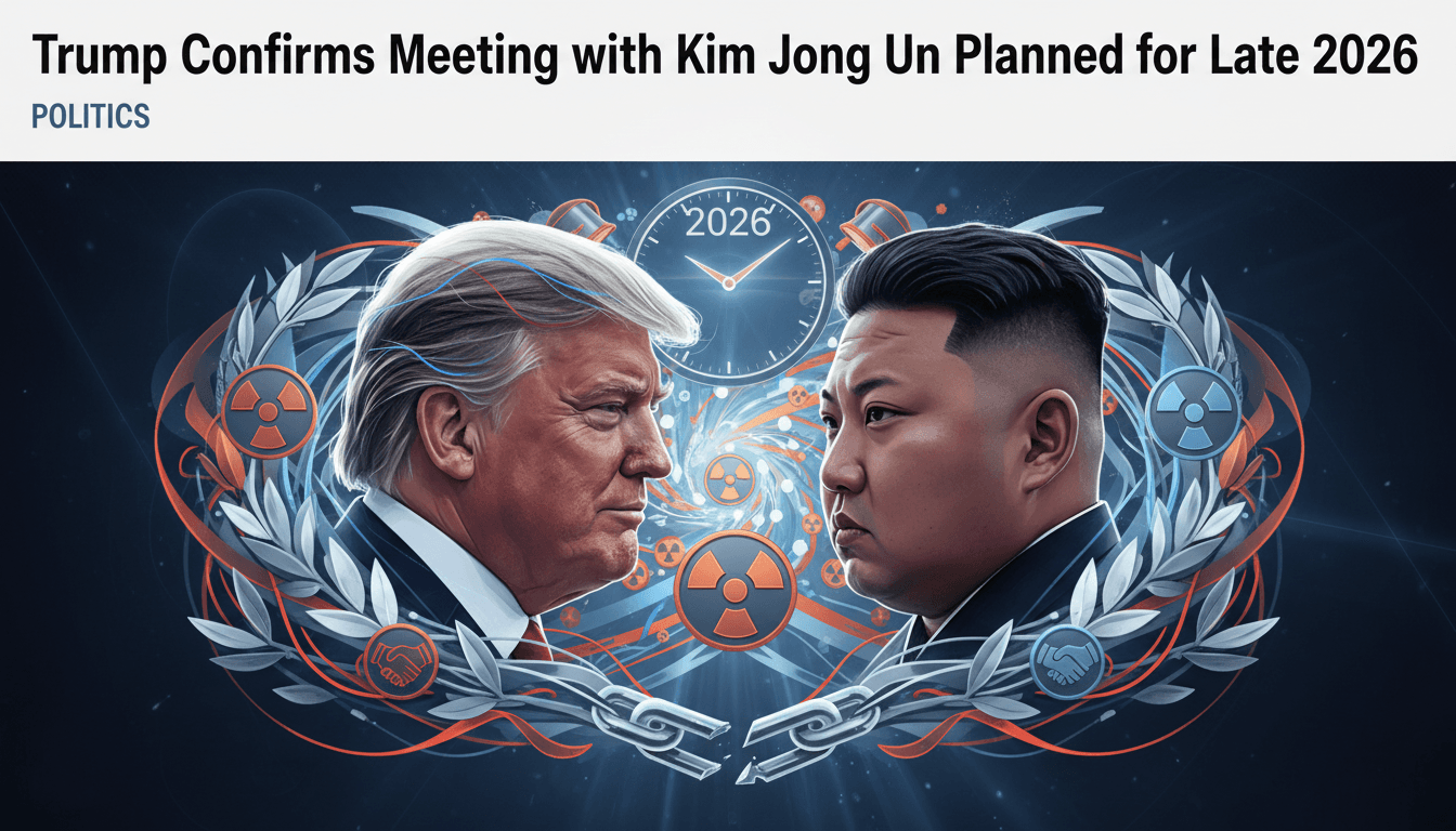 Trump and Kim Jong Un meeting announcement with nuclear symbols and diplomatic imagery.