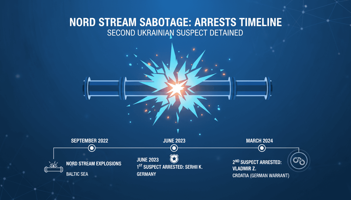Infographic showing the timeline of the Nord Stream pipeline explosions and arrests of suspects.