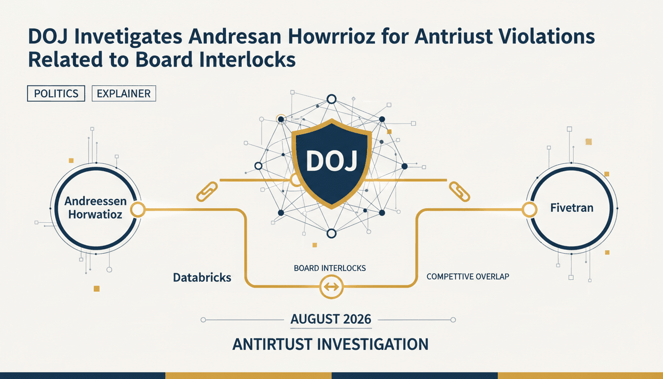 Infographic showing board interlocks between Andreessen Horowitz, Databricks, and Fivetran in the context of the DOJ investigation.