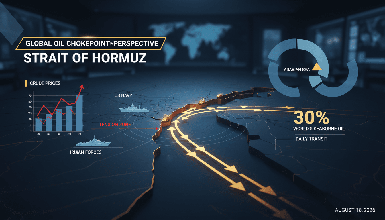 Map highlighting the Strait of Hormuz and its role in global oil trade amidst U.S.-Iran tensions.