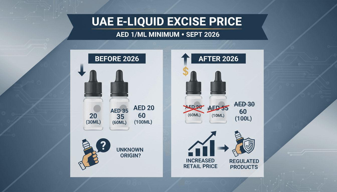Infographic showing the impact of UAE's new vape tax on e-liquid prices and consumer behavior.