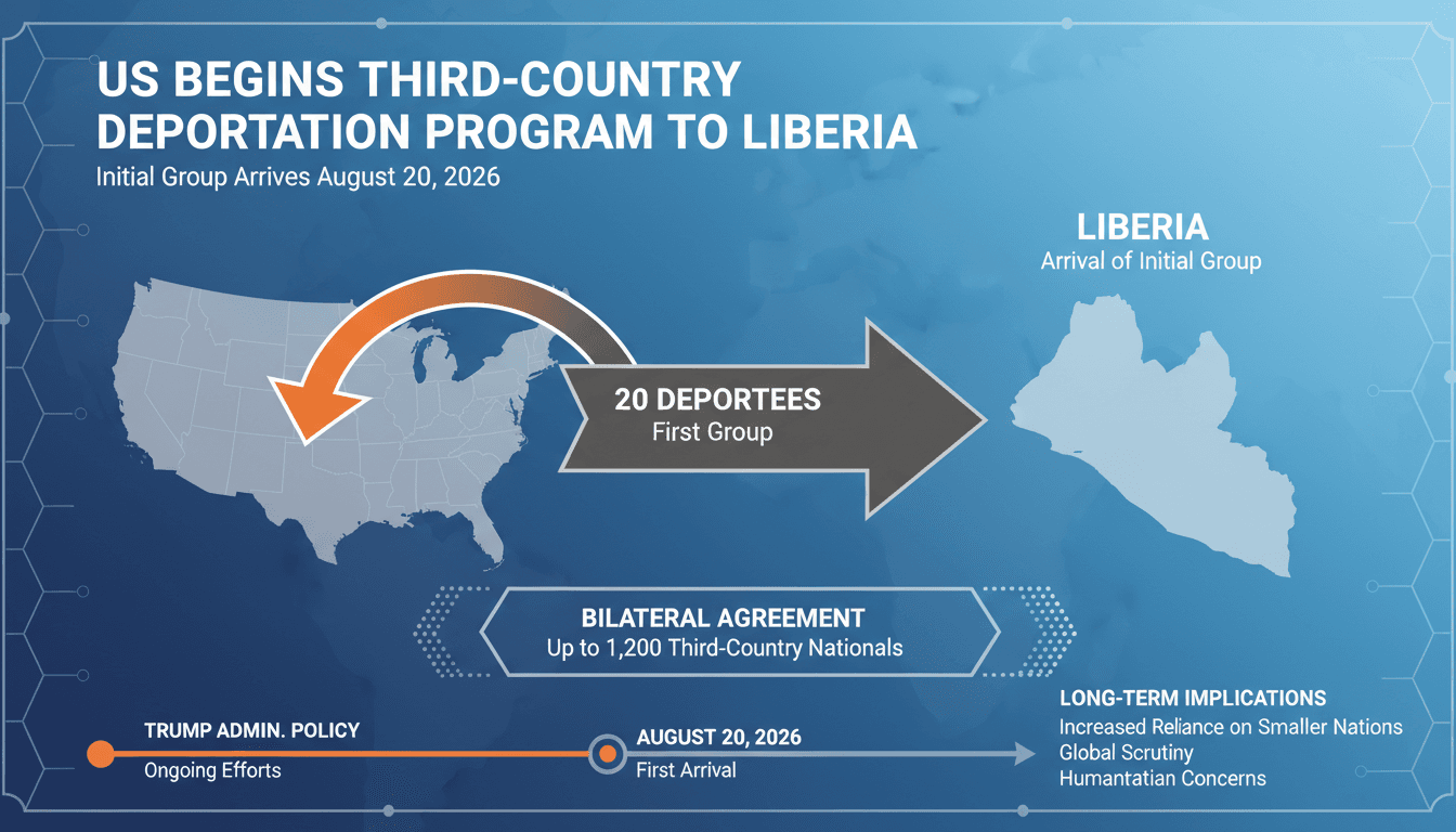 Infographic showing the US's third-country deportation program to Liberia, including key statistics and timelines.