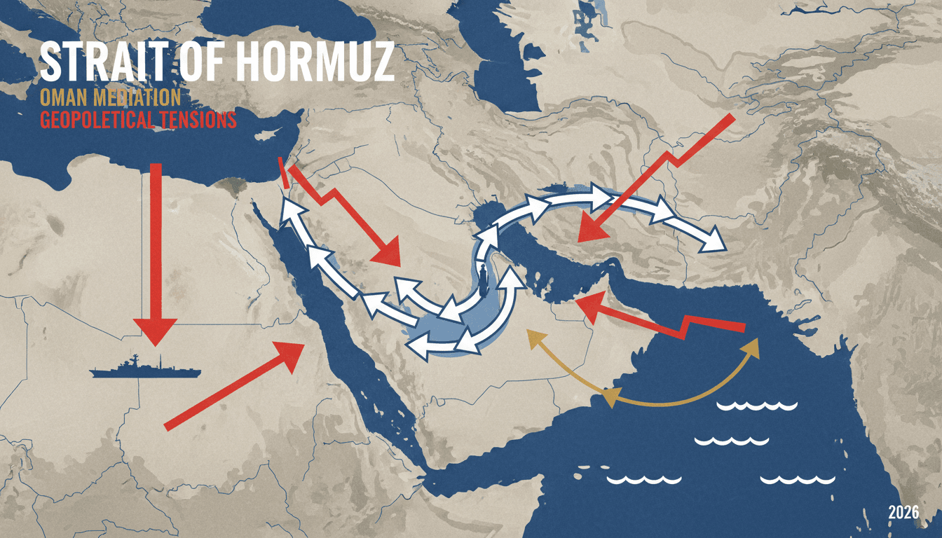 Map of the Strait of Hormuz highlighting shipping routes and conflict areas related to Oman and Iran.