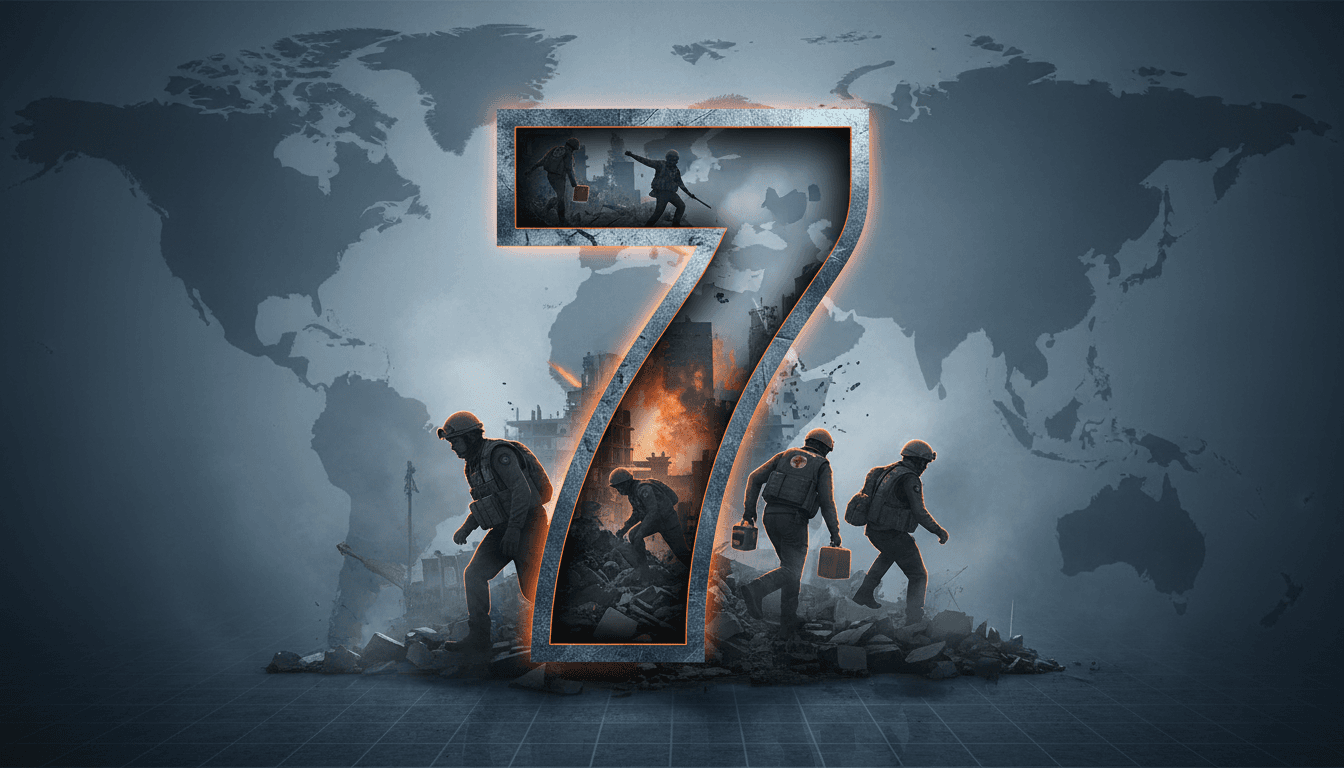 A graphic depicting the number 7 alongside humanitarian aid workers in conflict zones.