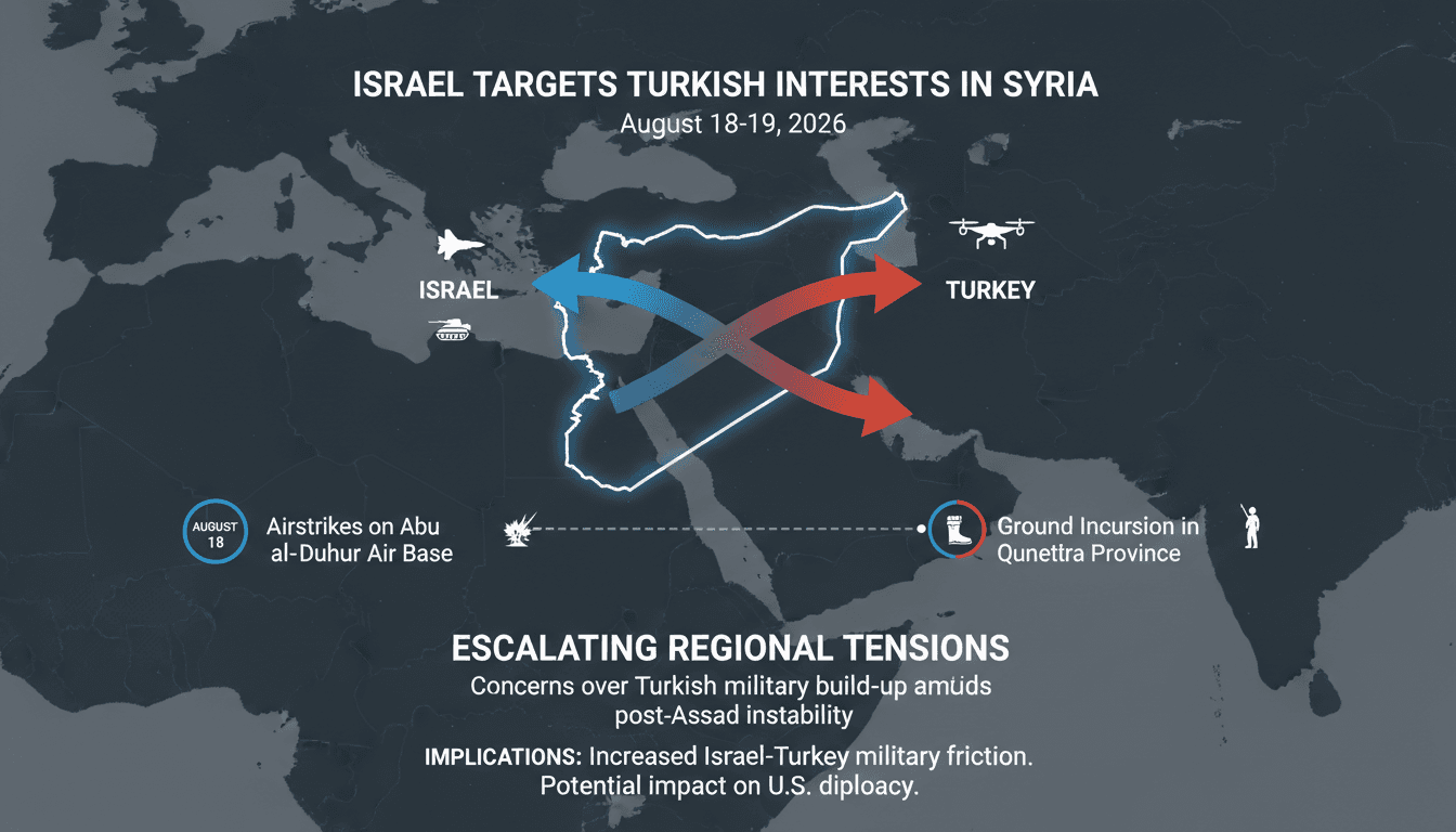 Map showing Israel's airstrikes on Syrian air base and ground incursions, highlighting regional tensions.