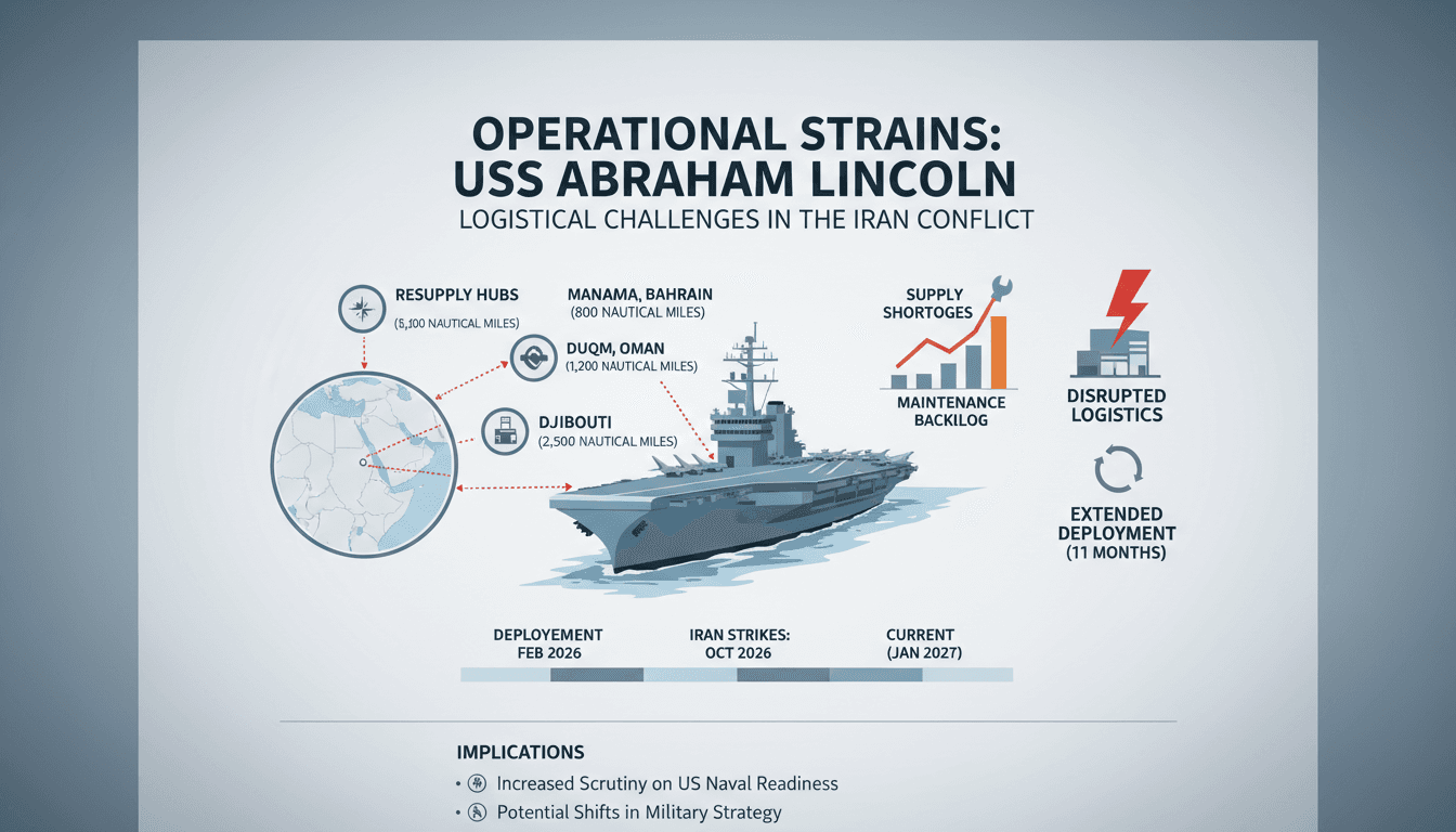 Infographic showing USS Abraham Lincoln's deployment challenges and logistics issues during the Iran conflict.