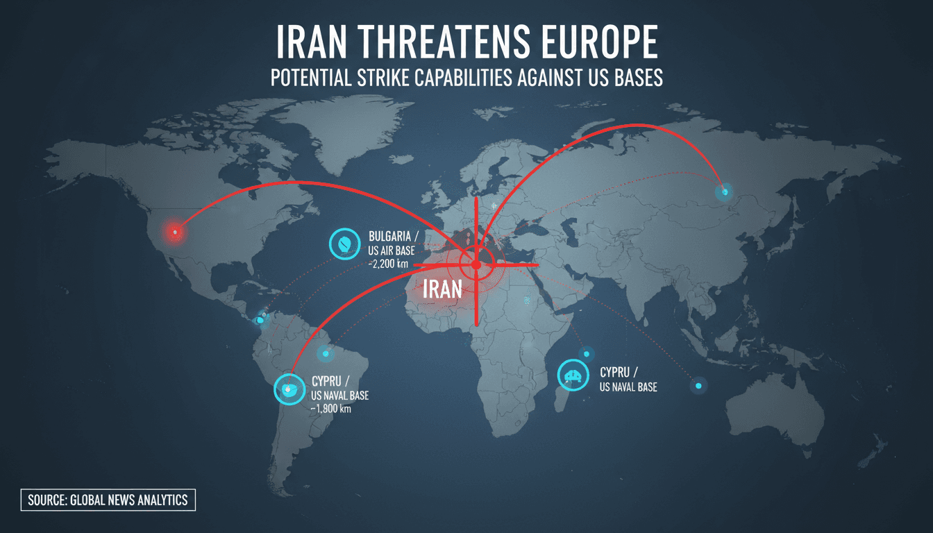 Map showing distance from Iran to US military bases in Europe, highlighting potential strike capabilities.