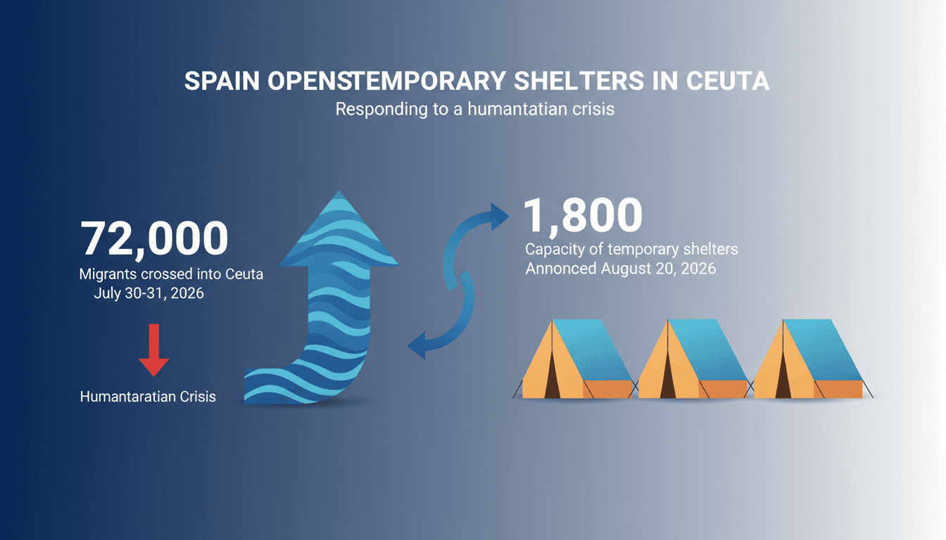 Infographic illustrating Spain's migrant shelters in Ceuta and the recent influx of 72,000 migrants.