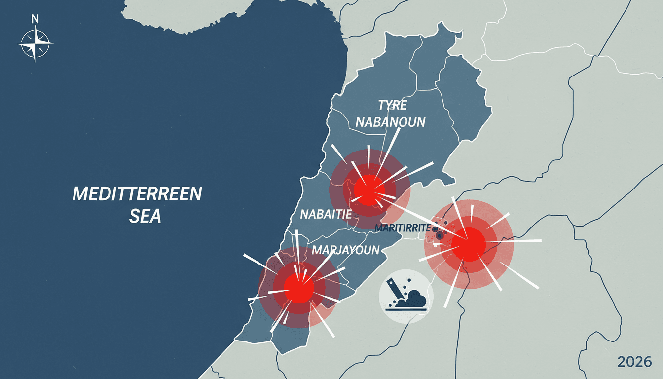 Map of southern Lebanon highlighting areas affected by Israeli airstrikes and military operations.