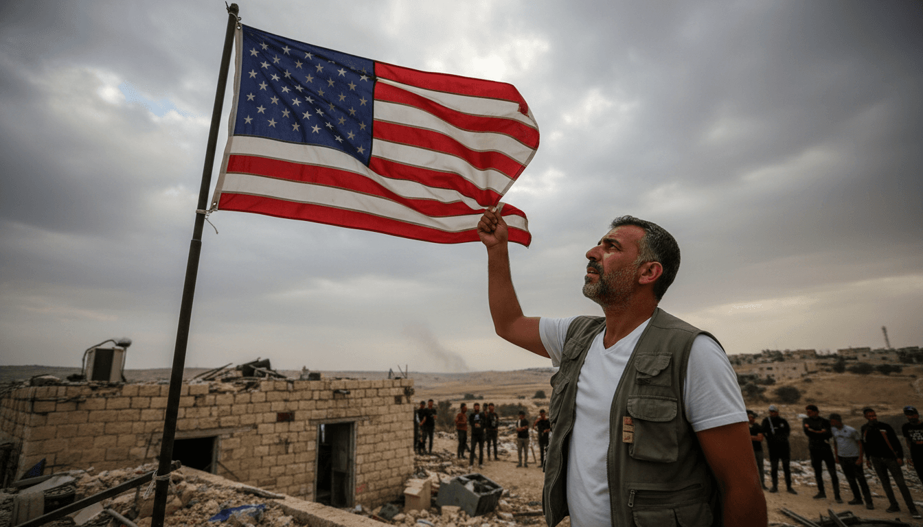 Louai Abu Ridi raising the US flag at his home in Qusra, symbolizing the struggle against settler violence.