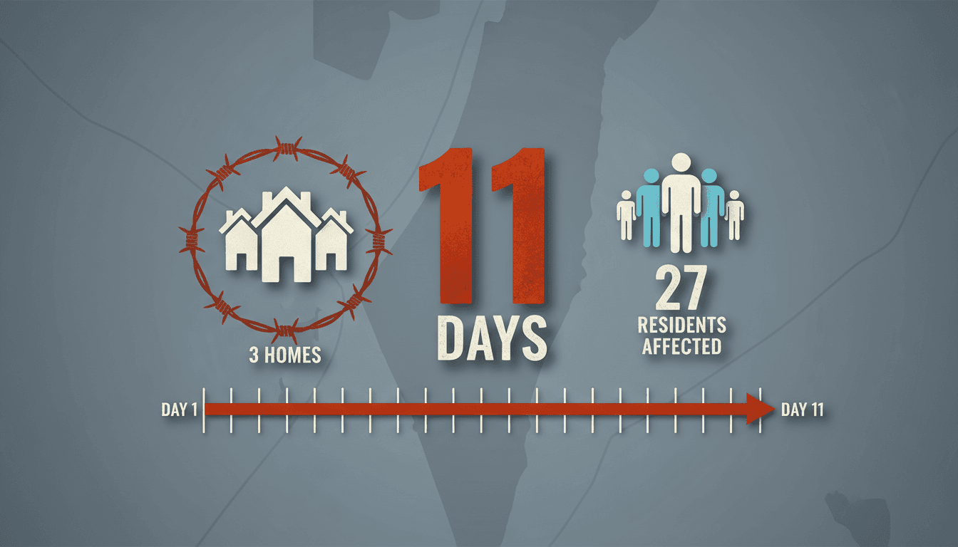 Infographic illustrating the siege of Palestinian homes in Qusra by Israeli settlers, highlighting the number of trapped residents.