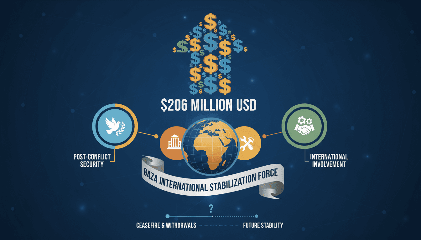 Infographic detailing the $206 million US funding for the Gaza International Stabilization Force and its intended uses.