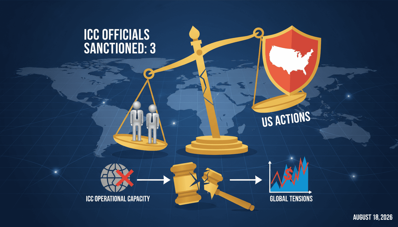 Infographic showing US sanctions on ICC officials and their impact on global justice.