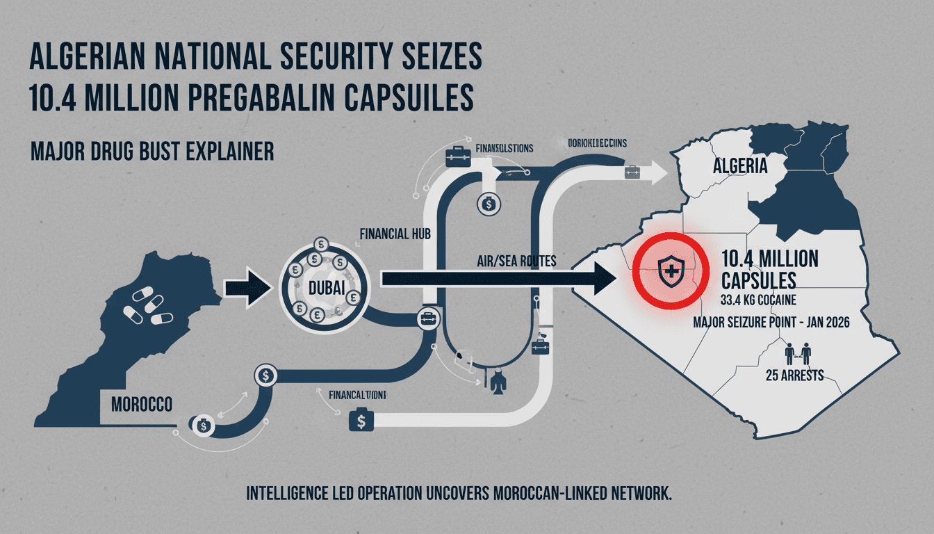 Infographic showing Pregabalin trafficking routes from Morocco through Dubai to Algeria, highlighting key seizure points.