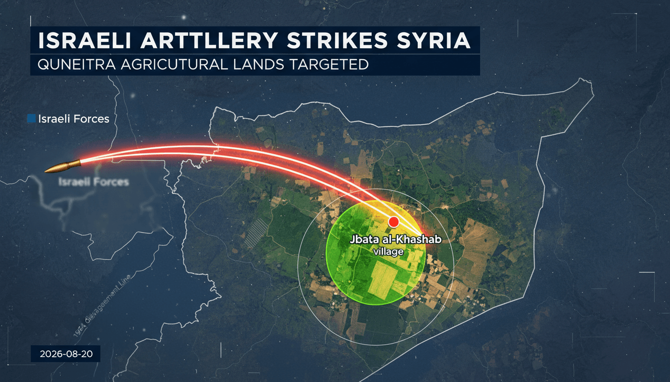 Map showing the location of Israeli artillery shelling in Quneitra, Syria, highlighting affected agricultural lands.
