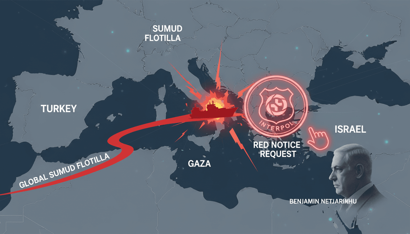 A map showing the route of the Global Sumud Flotilla and the legal implications of Turkey's Interpol request against Netanyahu.