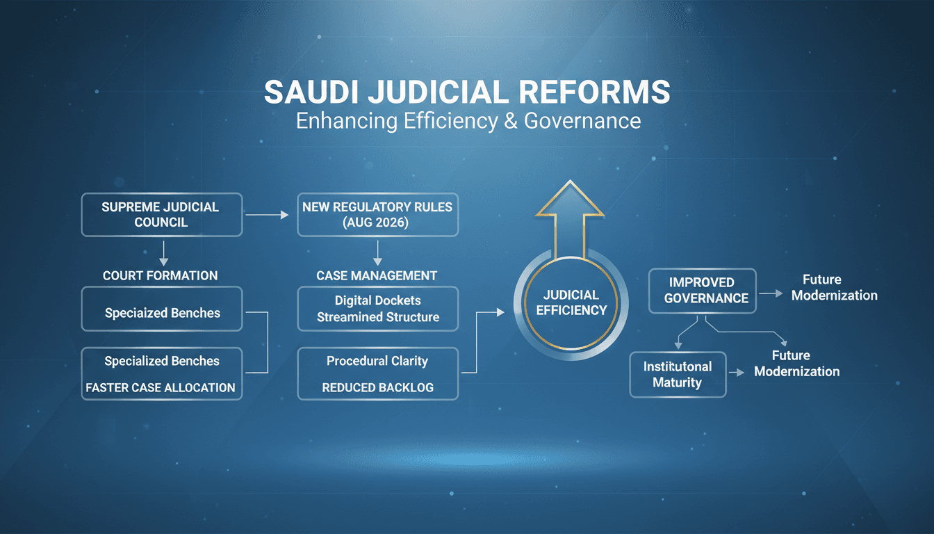 Flowchart showing Saudi Arabia's new judicial processes and their impact on governance and efficiency.