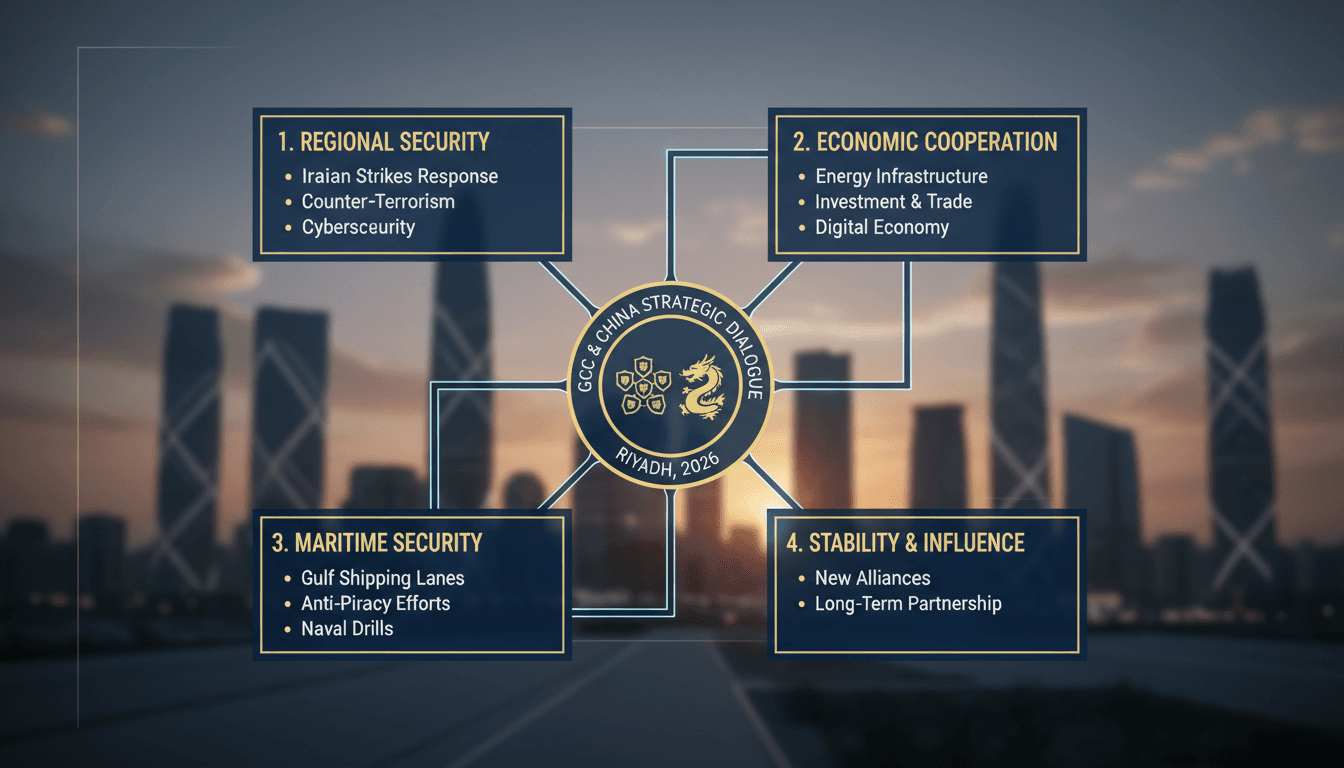 A visual representation of the GCC-China strategic dialogue meeting in Riyadh, focusing on regional tensions and energy security.
