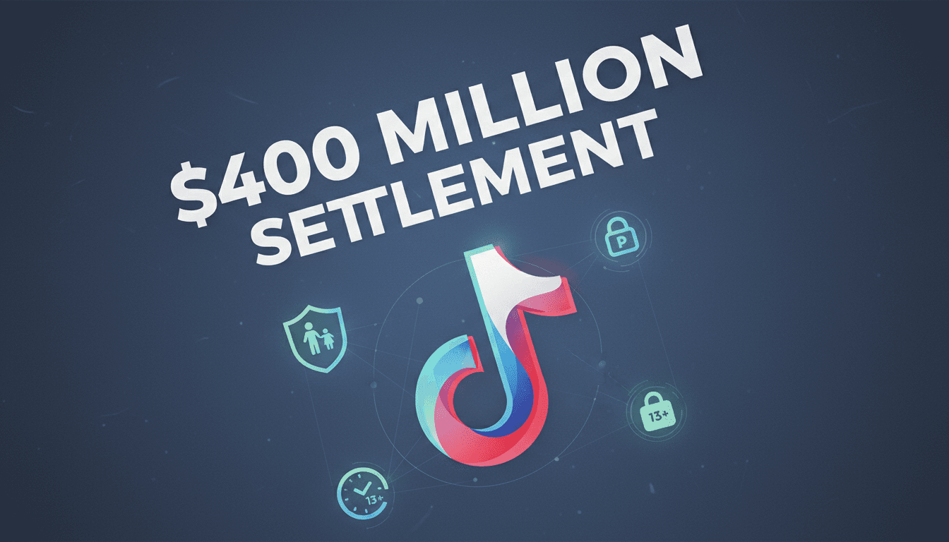 A graphic showing TikTok's logo with a $400 million settlement figure and child safety symbols.