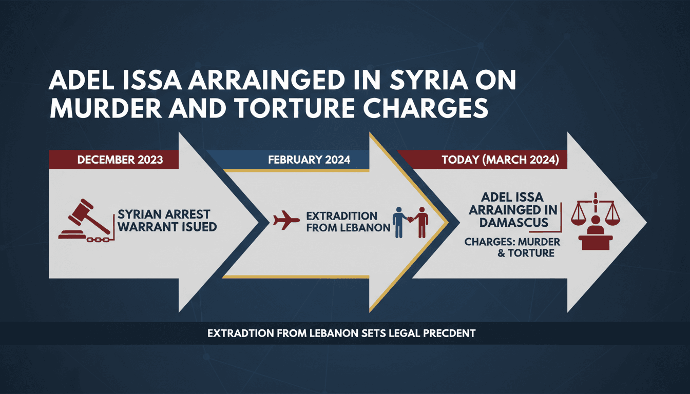 A timeline graphic illustrating the extradition and arraignment of former Syrian General Adel Issa on murder and torture charges.