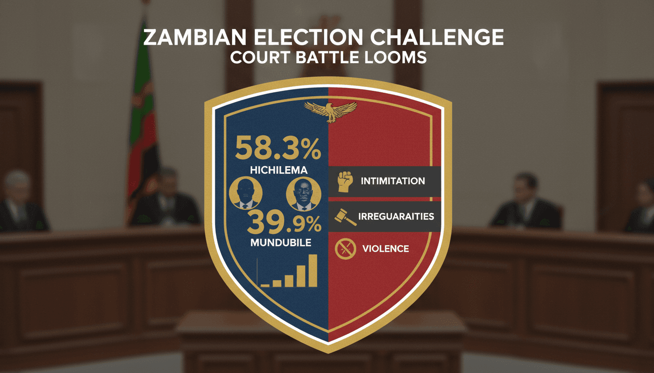 A graphic depicting the election results and allegations of irregularities in Zambia's 2026 presidential election.