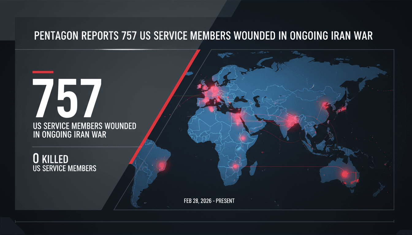 Infographic showing 757 US service members wounded in the Iran war, with a map of conflict zones.