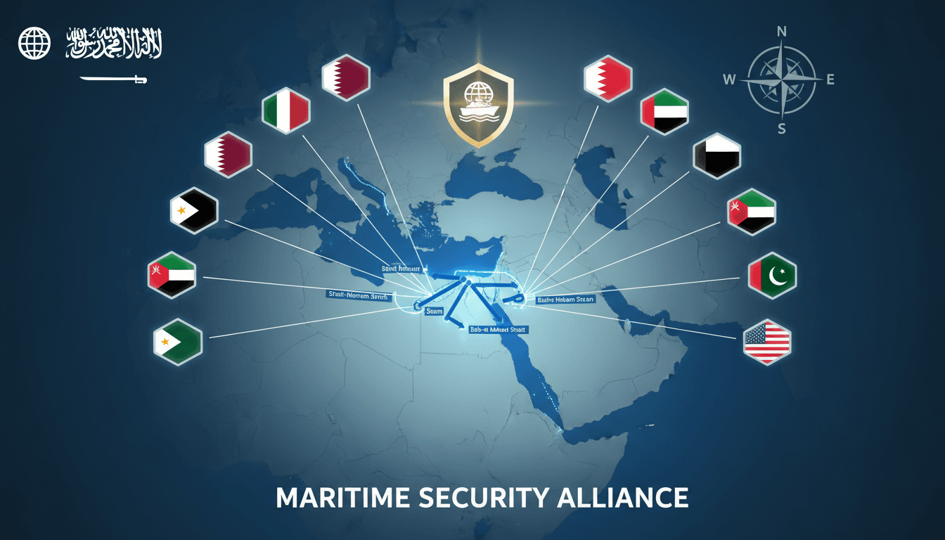 A map showing the maritime routes in the Arabian Gulf and Red Sea, highlighting the nations involved in the maritime defense alliance.
