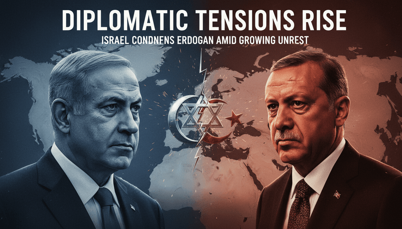 A graphic showing Netanyahu and Erdogan with the title "Diplomatic Tensions Rise" highlighting the recent conflict.