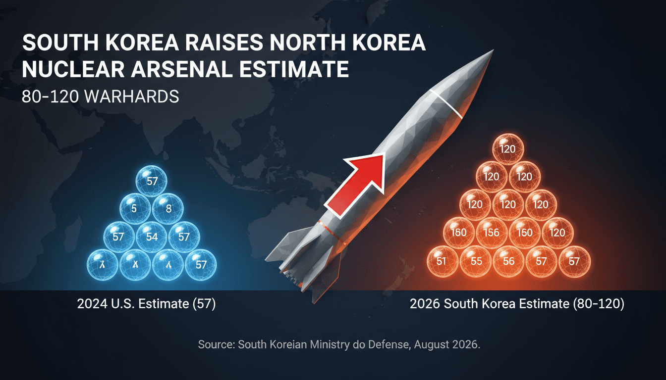 Infographic comparing North Korea's nuclear arsenal estimates, highlighting the range of 80-120 warheads.
