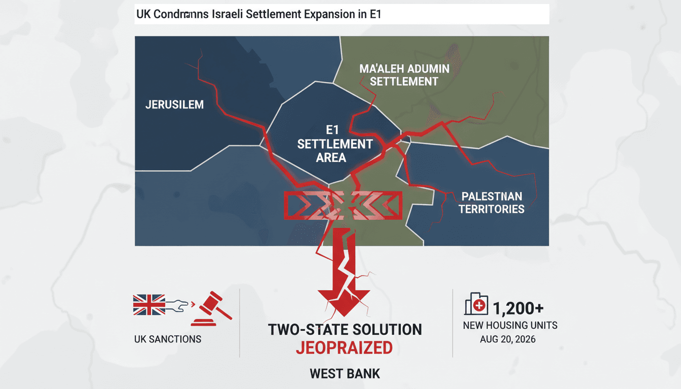 A map highlighting the E1 settlement area in the West Bank and its implications for Palestinian territories.