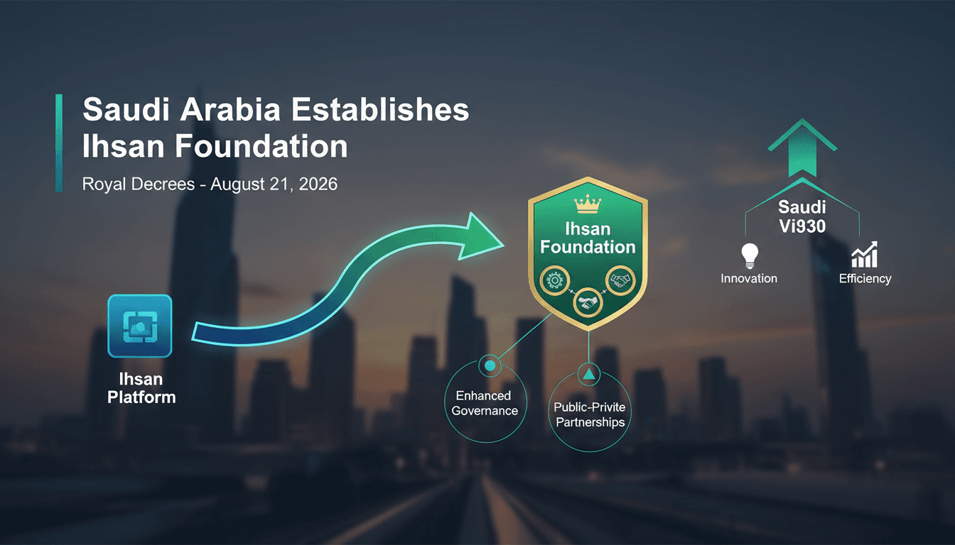 Infographic showing the transformation of the Ihsan charitable platform into an independent foundation, highlighting governance and impact.