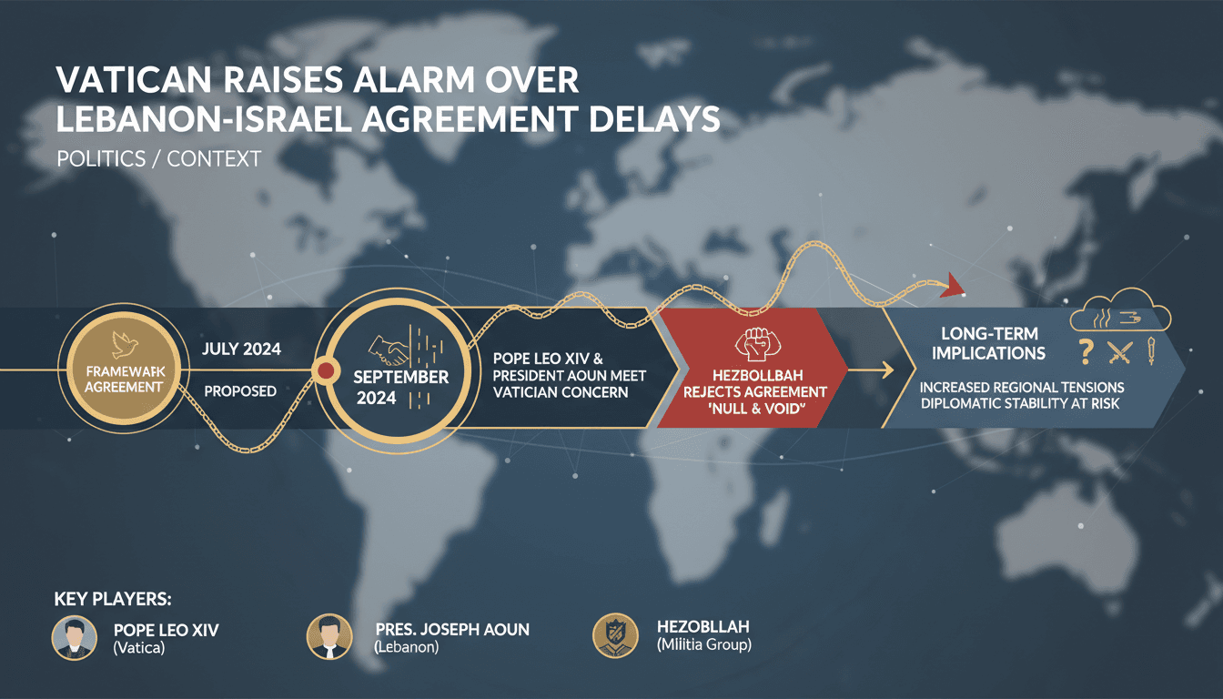 Infographic depicting the timeline and key players of the Lebanon-Israel framework agreement, highlighting Vatican concerns.