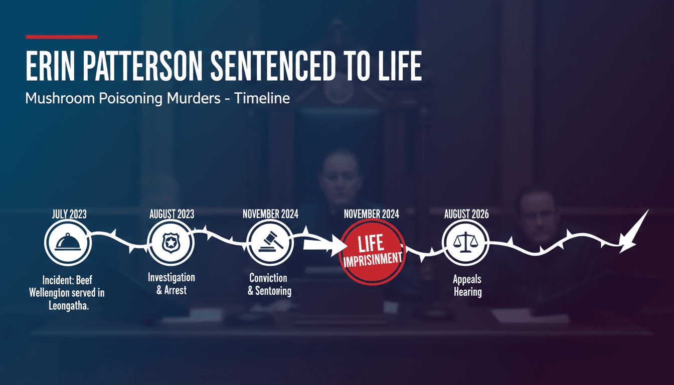 Infographic detailing Erin Patterson's mushroom murders case timeline and legal outcomes.
