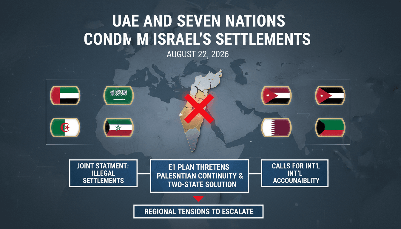 Infographic showing the eight nations condemning Israel's settlement policies and key points from their joint statement.