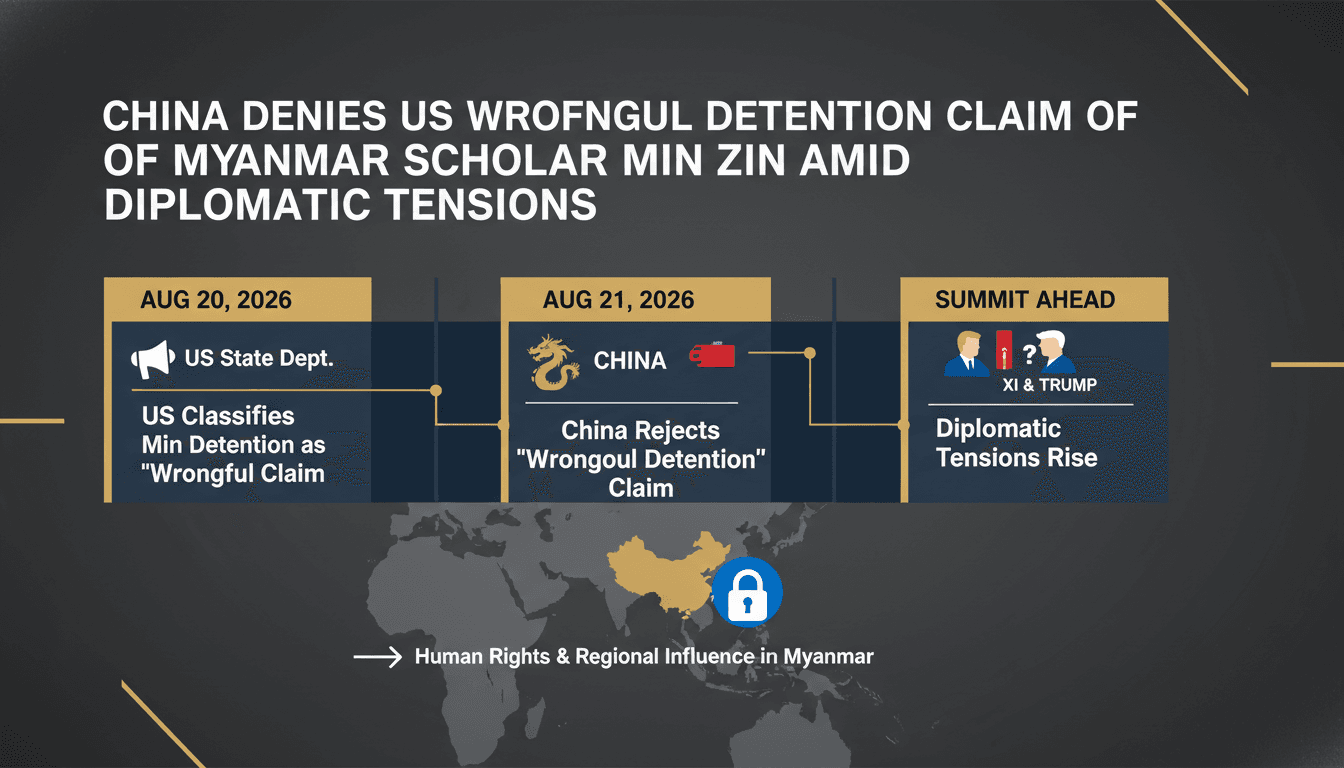 Infographic detailing the wrongful detention of Min Zin and US-China diplomatic tensions.