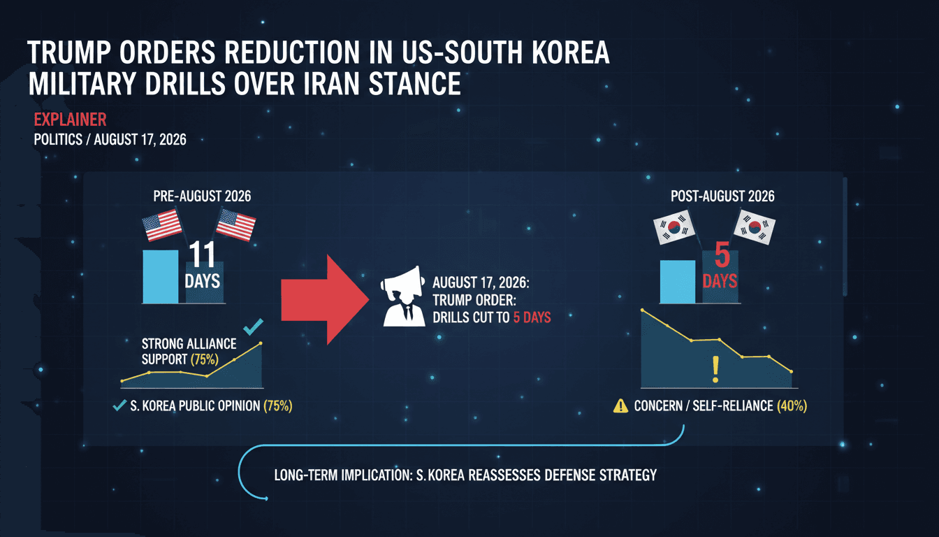 Infographic showing timeline of US-South Korea military drills and public opinion on defense cooperation.