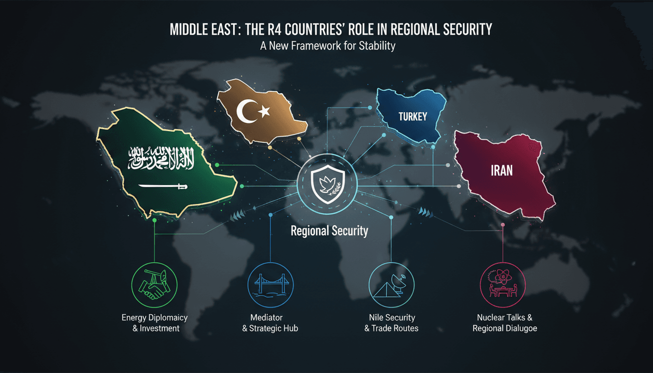 Infographic showing Saudi Arabia and Türkiye's roles in regional security discussions and the R4 grouping.
