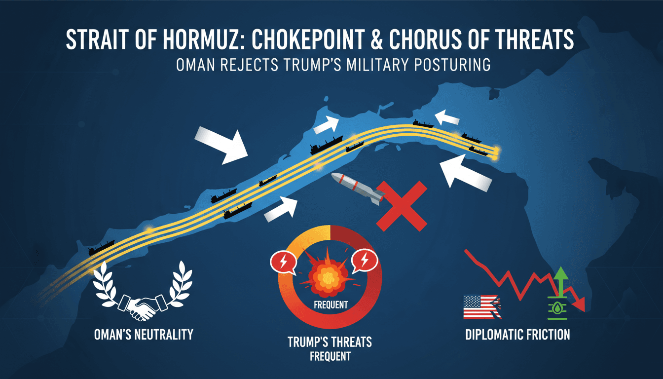 Infographic showing the significance of the Strait of Hormuz and Trump's threats against Oman.