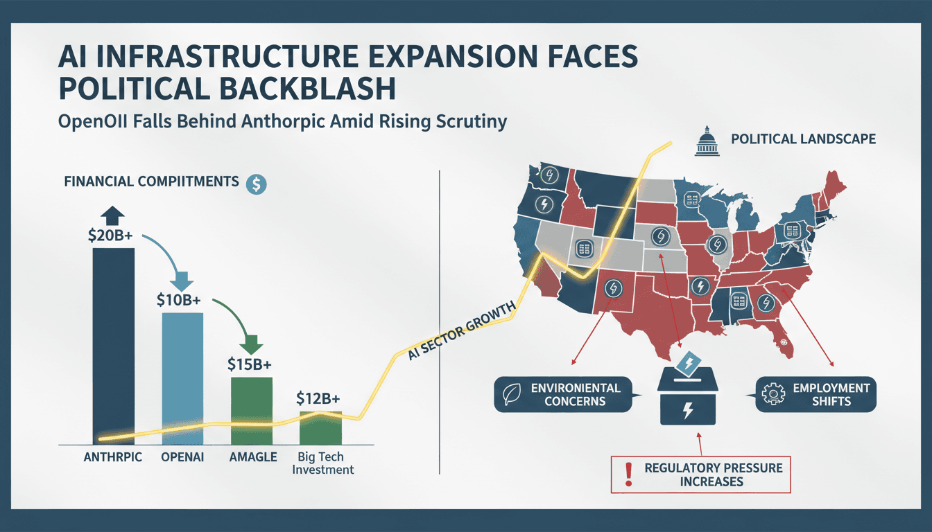Infographic showing AI buildout financial commitments and political landscape impacts.